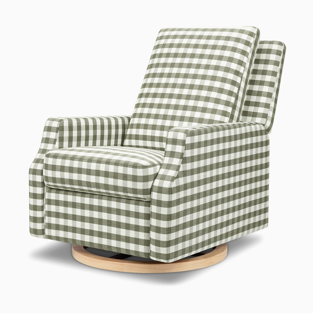 Namesake Crewe Recliner and Swivel Glider - Moss Green Gingham With Light Wood Base.