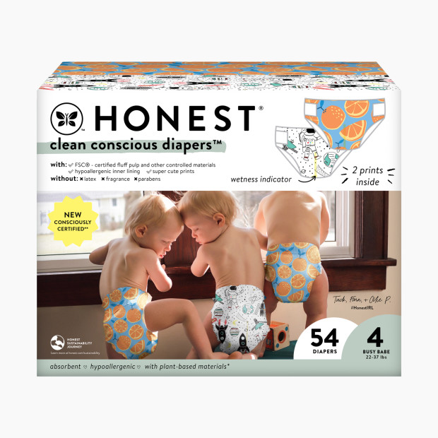 The Honest Company Clean Conscious Disposable Diapers - Space Travel + Orange You Cute, Size 4, 54 Count.