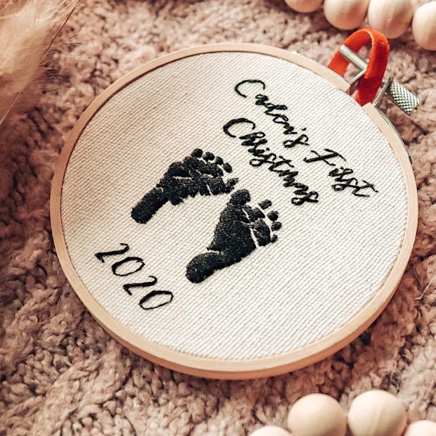 StitchingBloomsShop Embroidered Footprints Keepsake Ornament.