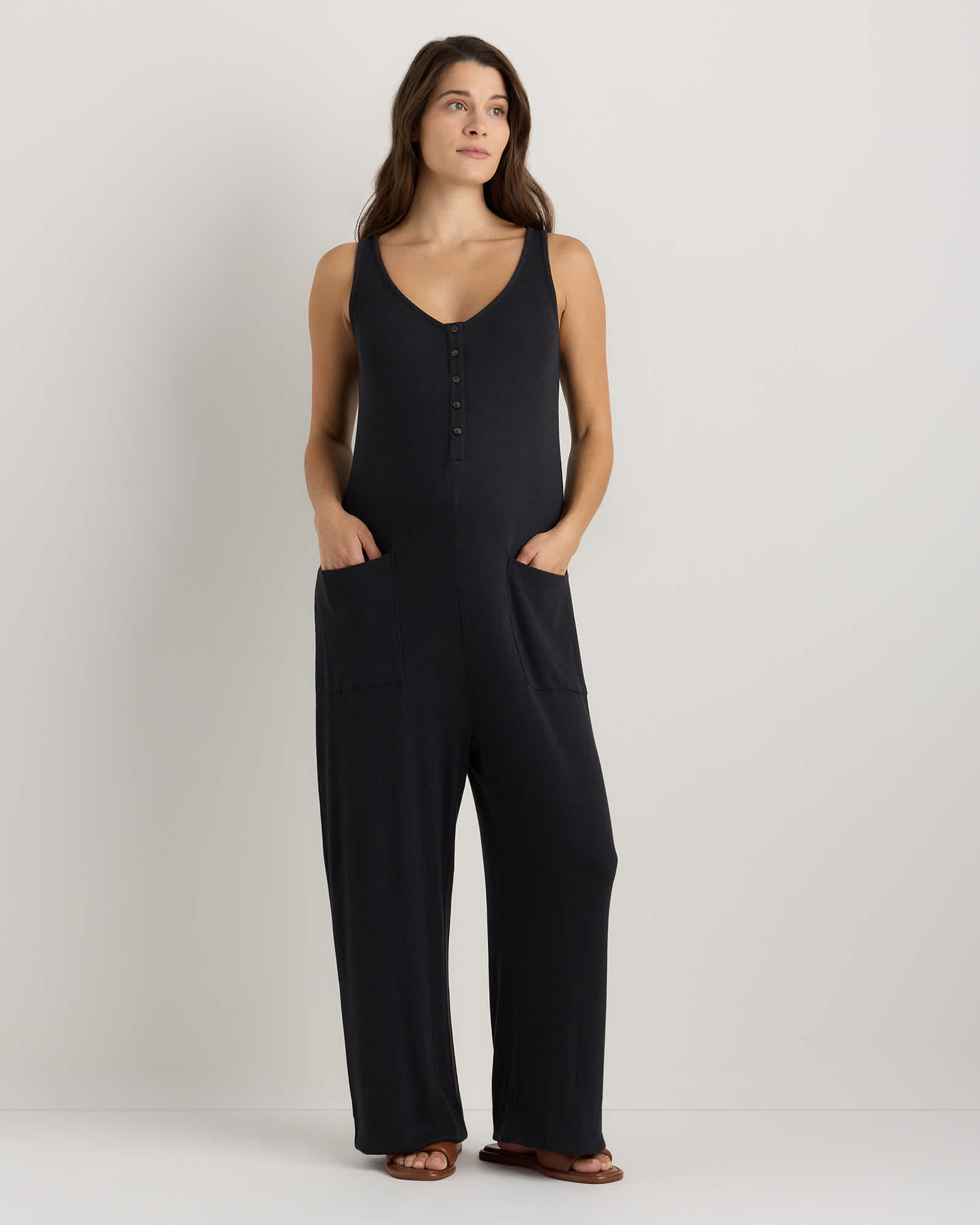 Quince Bamboo Rib Maternity Button Front Jumpsuit - Maternity in Bold Black.