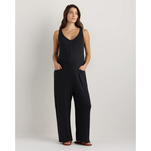 Quince Bamboo Rib Maternity Button Front Jumpsuit - Maternity in Bold Black.