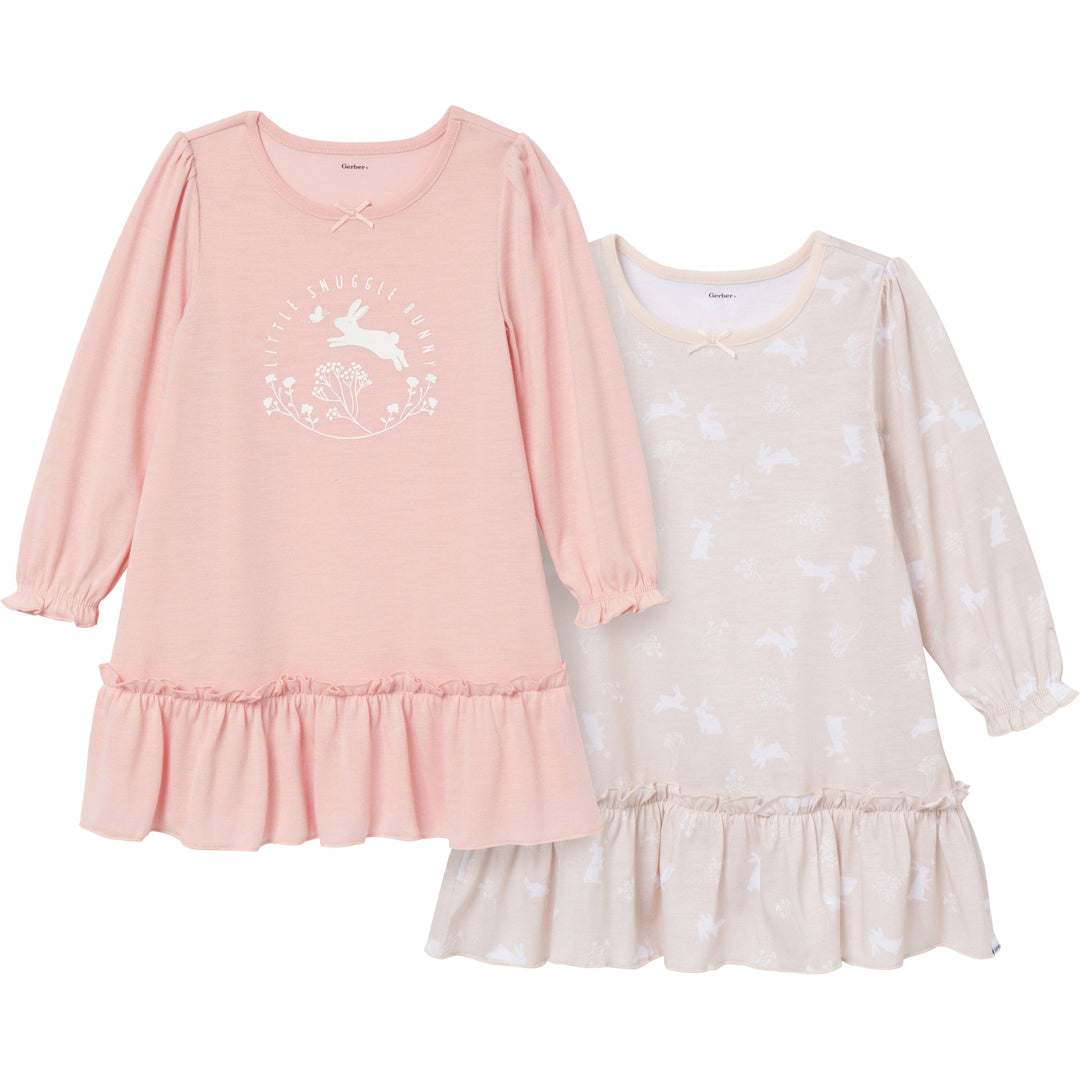 Gerber Childrenswear 2-Pack Toddler Girls Bunny Long Sleeve Nightgowns.