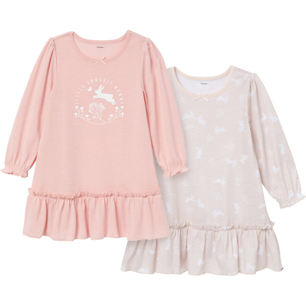 Gerber Childrenswear 2-Pack Toddler Girls Bunny Long Sleeve Nightgowns.