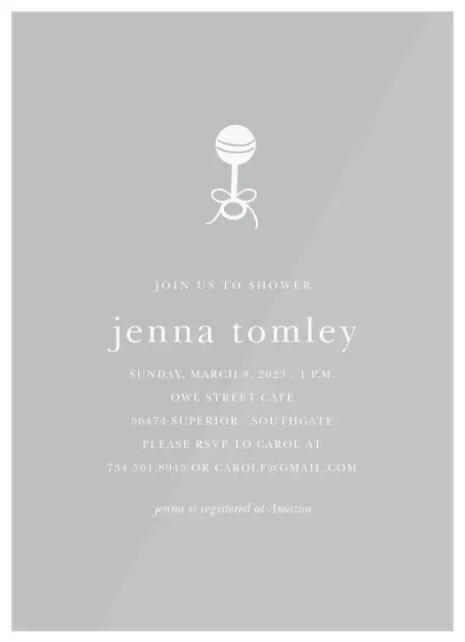 Golden Rattle Clear Baby Shower Invitation.