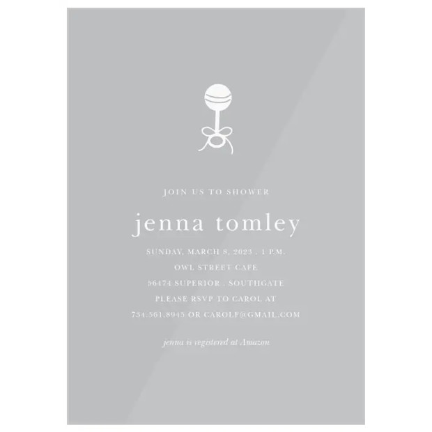 Golden Rattle Clear Baby Shower Invitation.