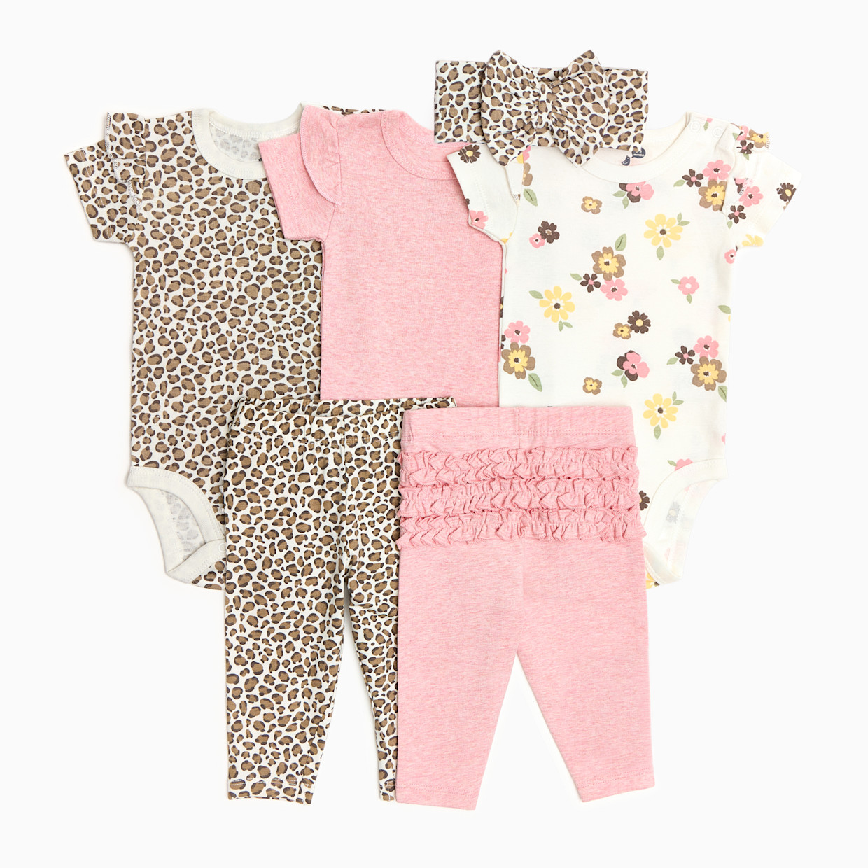 Small Story Organic Cotton Ruffle Bodysuit, Pant & Headband 6-Piece Set - Leopard, Floral & Pink, 0-3 M.