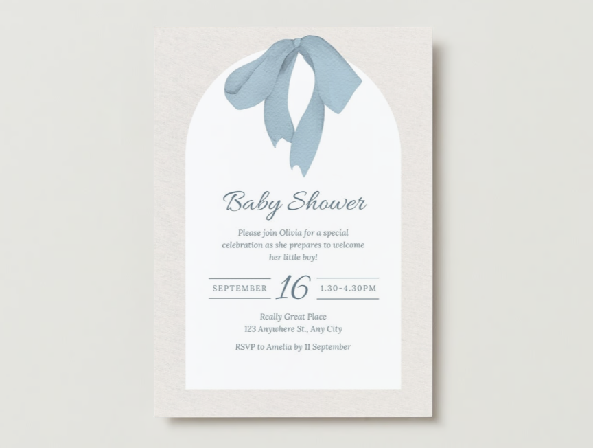 Blue Cream Bow Baby Shower Invitation.