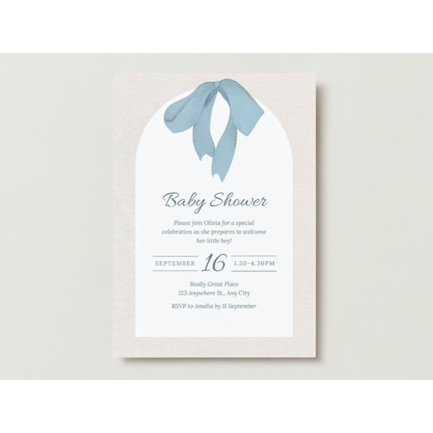 Blue Cream Bow Baby Shower Invitation.