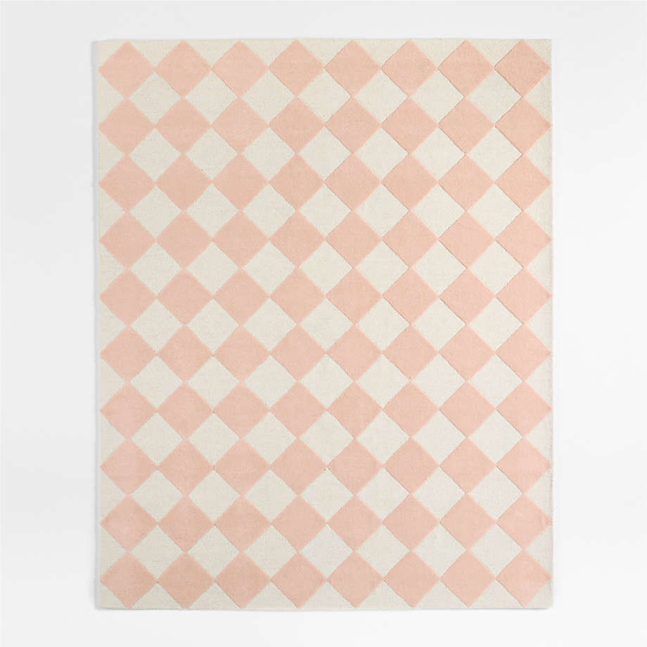 Checkerboard Pink Wool Kids Area Rug.