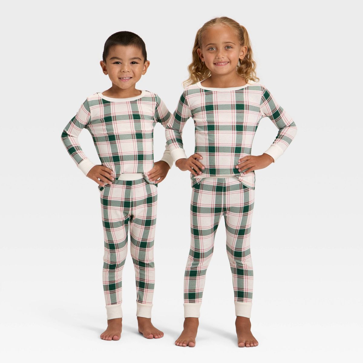 Plaid Ribbed Long Sleeve Matching Family Pajamas.
