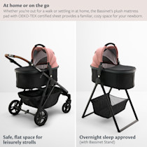 Mockingbird bassinet Rose shown in two positions on stand