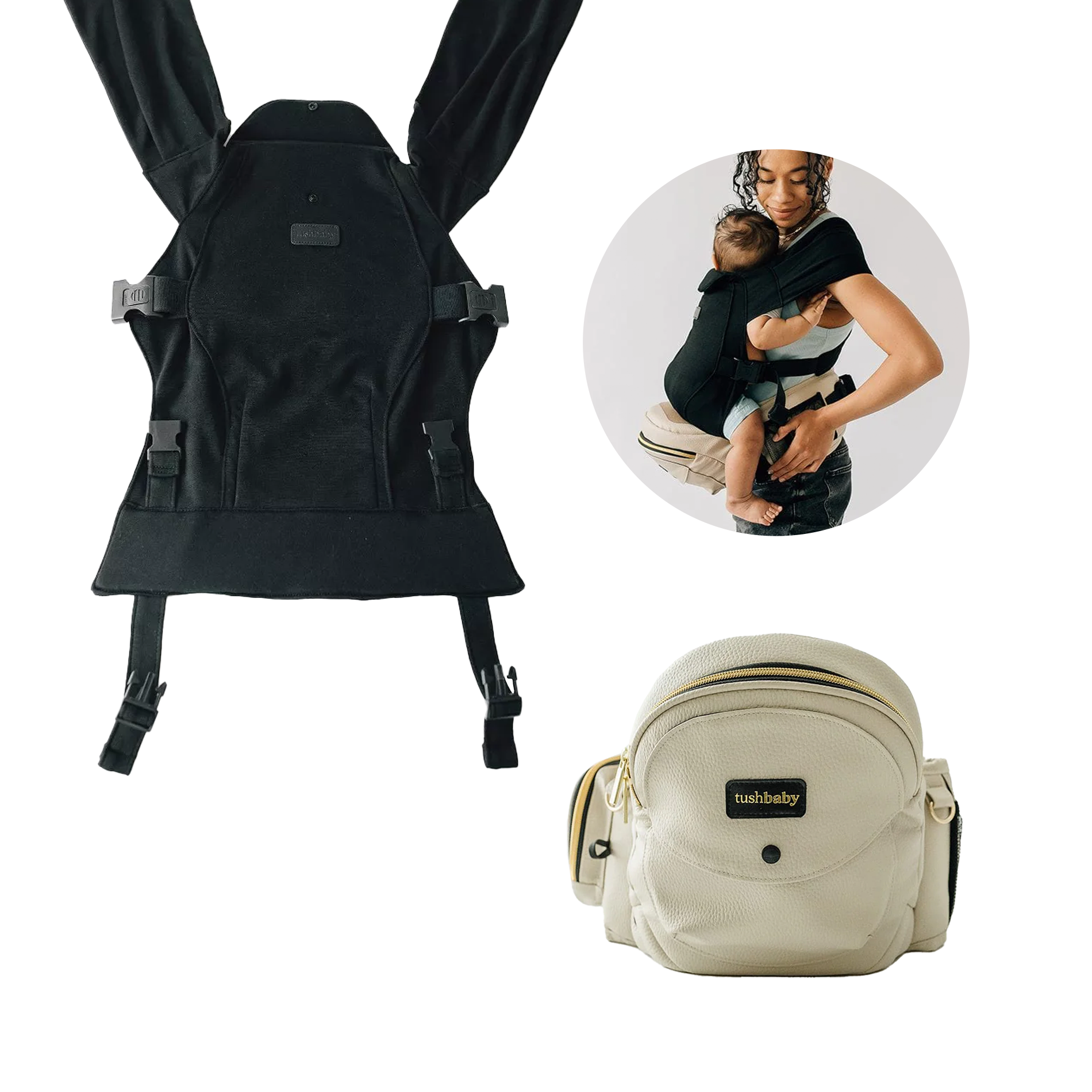 Tushbaby Hip Seat and Snug Carrier 2-in-1 Bundle - Cream Vegan Leather, Black Snug Carrier.