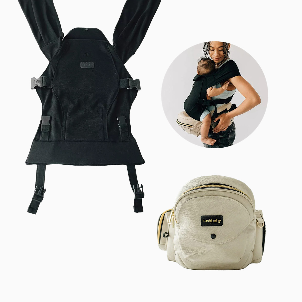 Tushbaby Hip Seat and Snug Carrier 2-in-1 Bundle - Cream Vegan Leather, Black Snug Carrier.