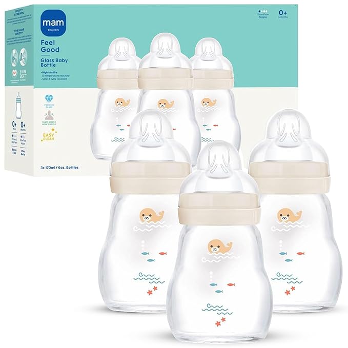 MAM Feel Good Pure Glass Anti-Colic Wide Neck Baby Bottle, 6 oz (3-Pack).