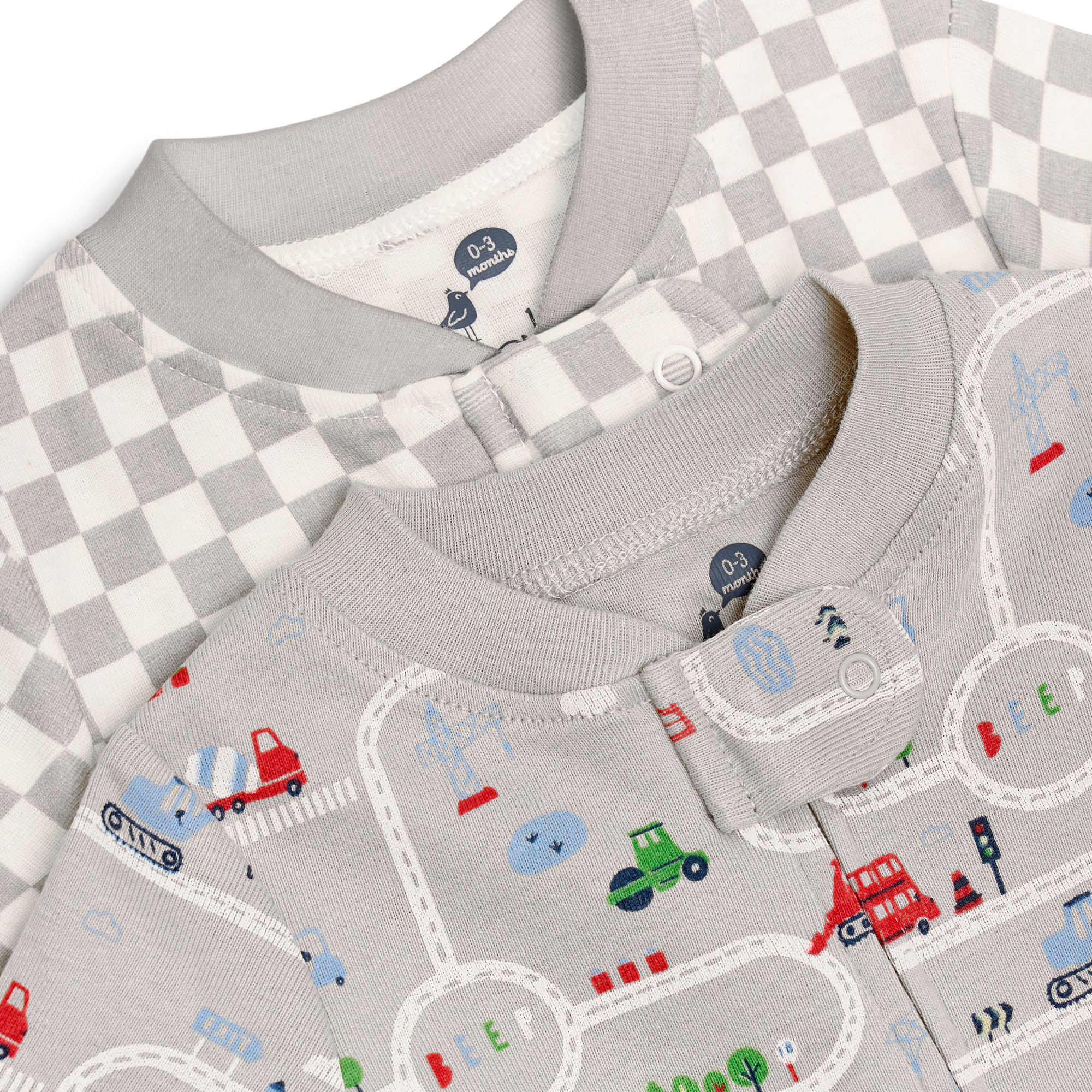 Small Story Organic Cotton 2-Way Zip Footie (2 Pack) - Construction & Check, 3-6 M.