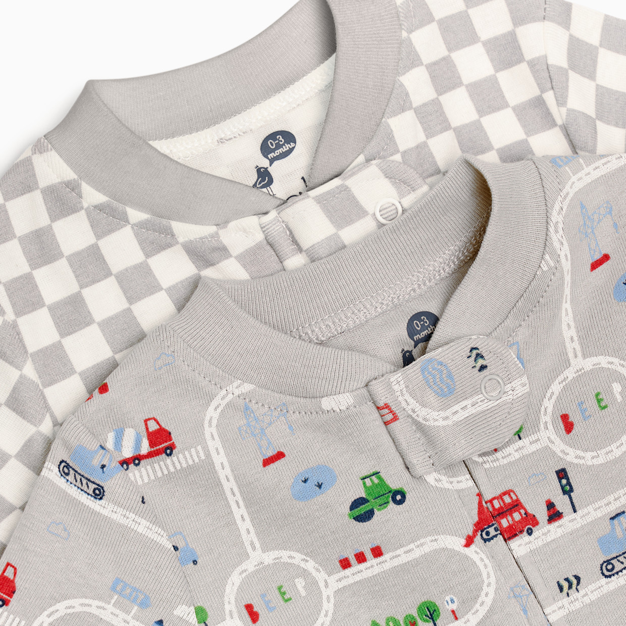 Small Story Organic Cotton 2-Way Zip Footie (2 Pack) - Construction & Check, 3-6 M.