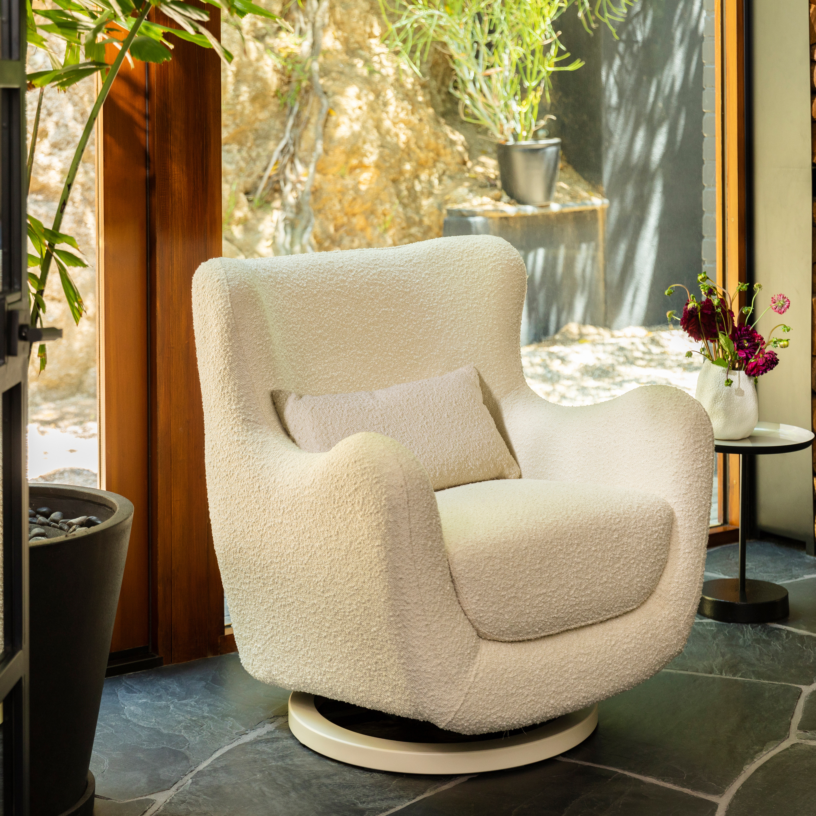 Nursery Works Solstice Swivel Glider - Ivory Boucle W/ Ivory Wood Base.