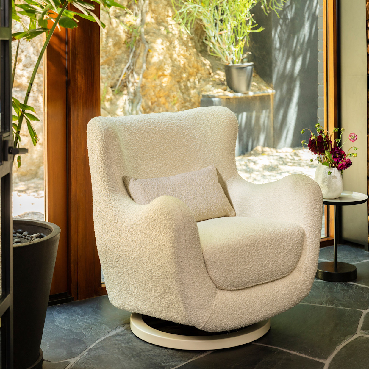 Nursery Works Solstice Swivel Glider - Ivory Boucle W/ Ivory Wood Base.