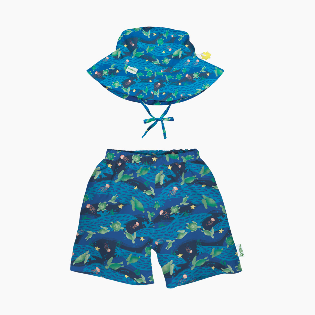 GREEN SPROUTS UPF 50+ Swim Trunks with Built-in Diaper & Hat - Navy Turtle Journey, 0-6 Months.