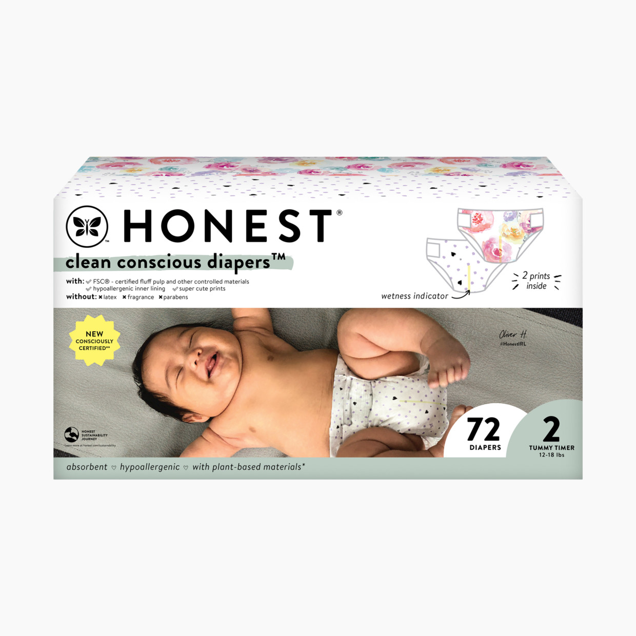 The Honest Company Clean Conscious Disposable Diapers - Ya Heart + Rose Blossom, Size 2, 72 Count.
