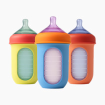 Boon Nursh Reusable Silicone Pouch Baby Bottles - Medium Flow Nipple - Silicone Baby Bottle Pouch and Nipple - Baby Feeding Essentials - Color Block - 3-6 Months - 3 Count - 8 Ounce