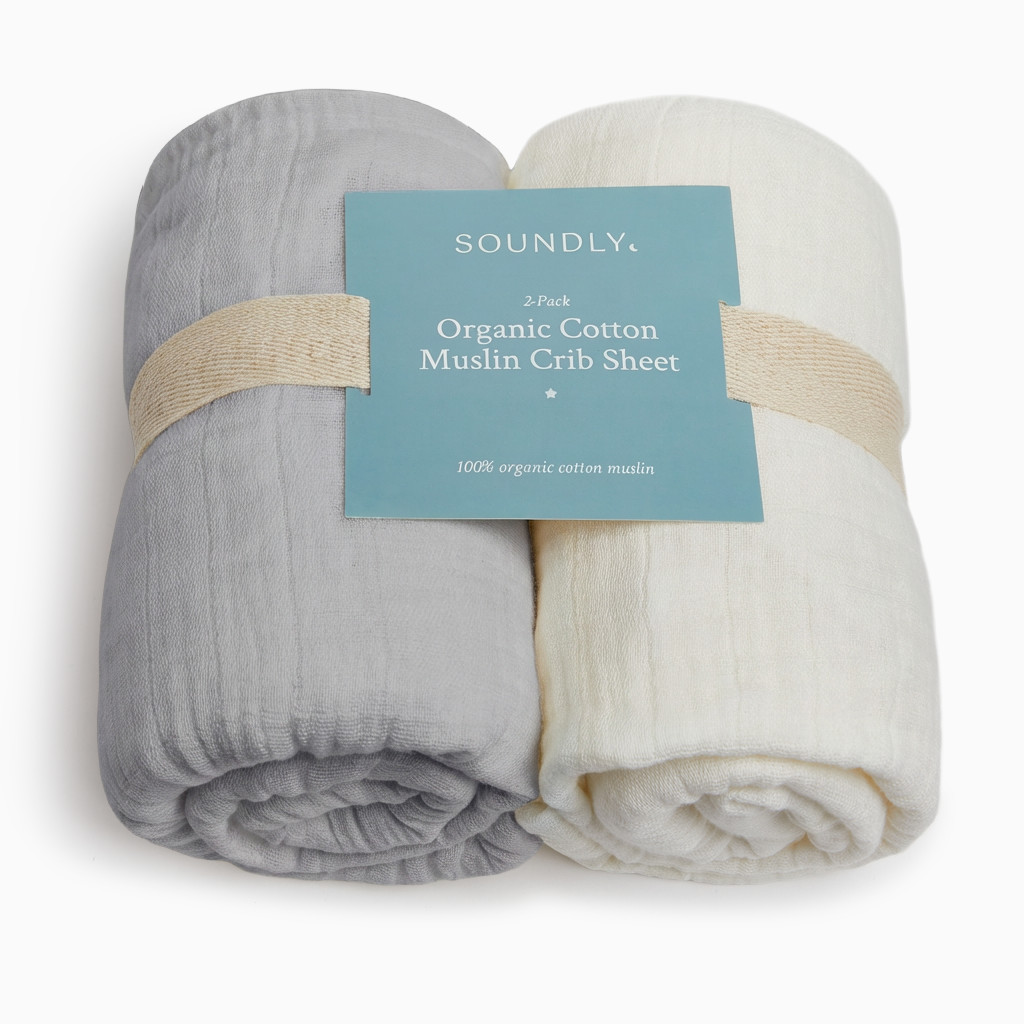 Soundly Organic Cotton Muslin Crib Sheet (2 Pack) - Grey/White.