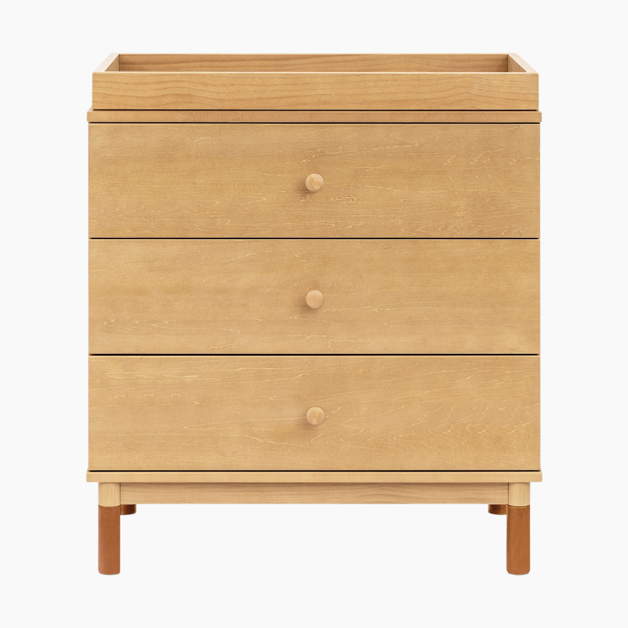 babyletto Gelato 3-Drawer Changer Dresser - Honey With Vegan Tan Leather Feet.
