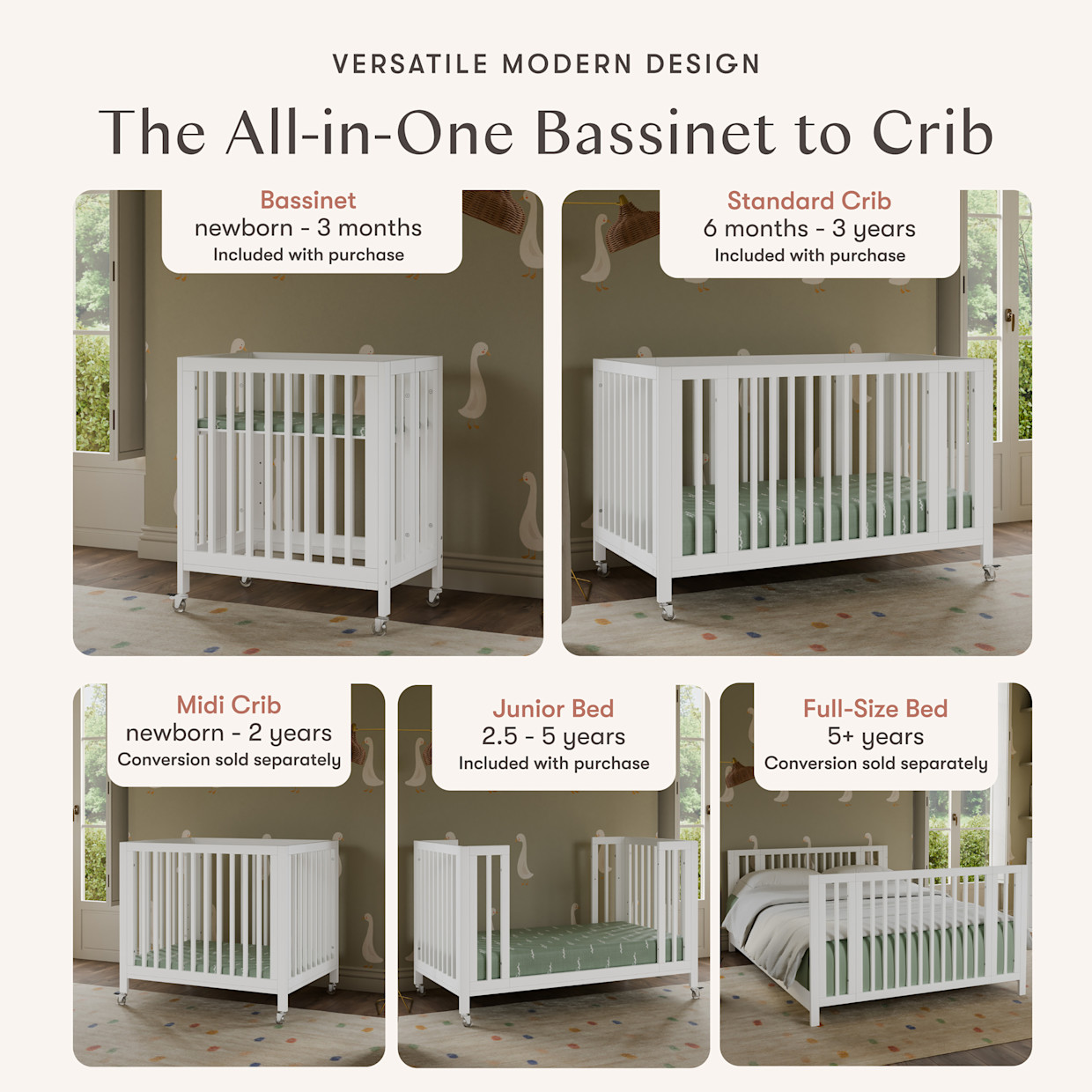 babyletto Rolli 9-in-1 Convertible All-Stages Crib with Bassinet & Toddler Bed Conversion Kits - White.