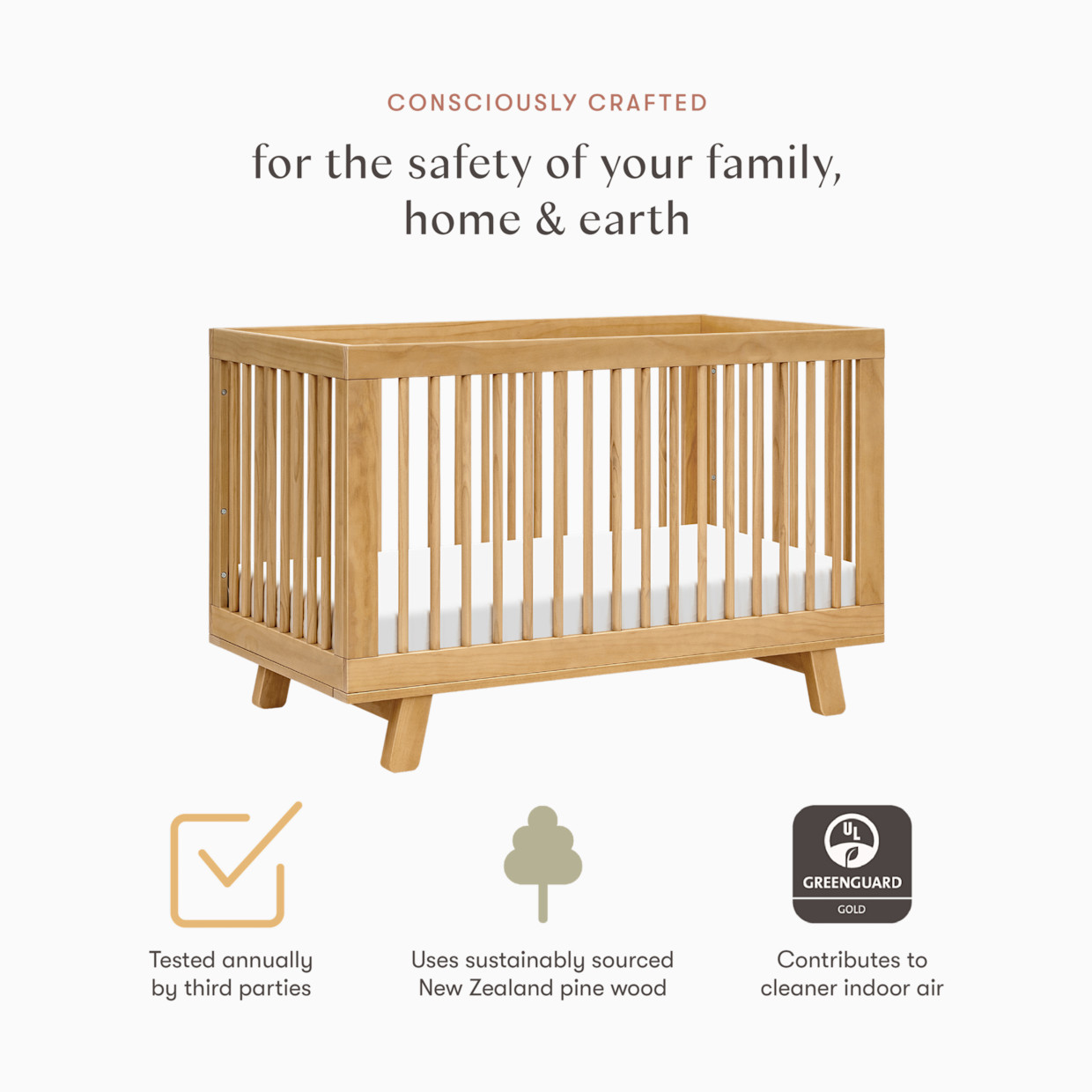 babyletto Hudson 3-in-1 Convertible Crib with Toddler Bed Conversion Kit - Honey.