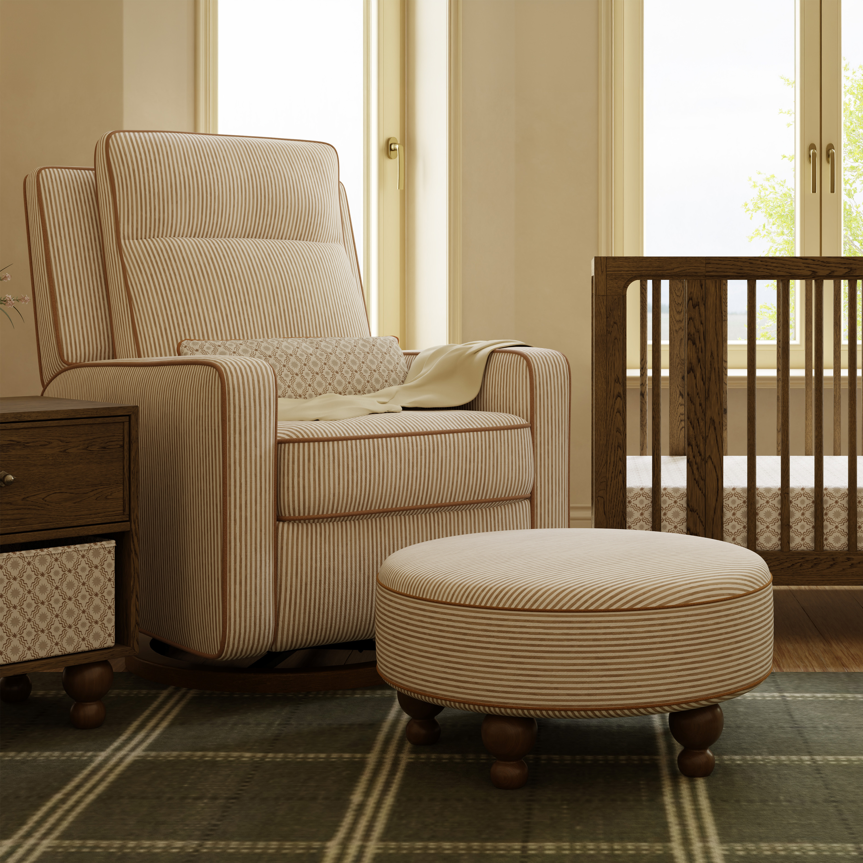 babyletto Astre Ottoman by Nate Berkus - Performance Bronze Stripe Eco-Crossweave W/Toffee Feet.