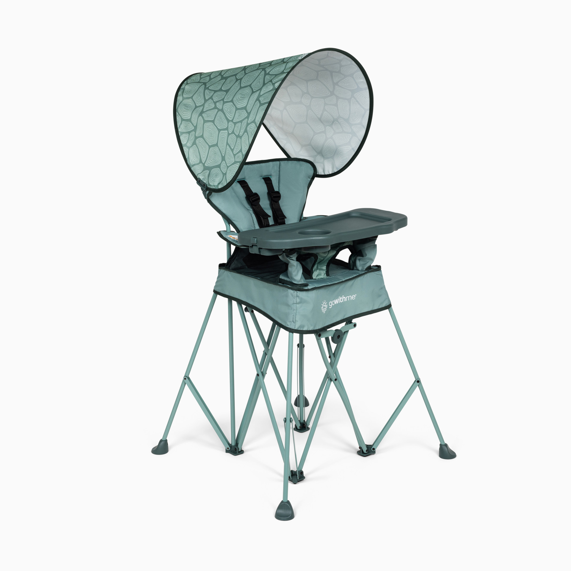 Teal portable high chair with canopy on a plain background.