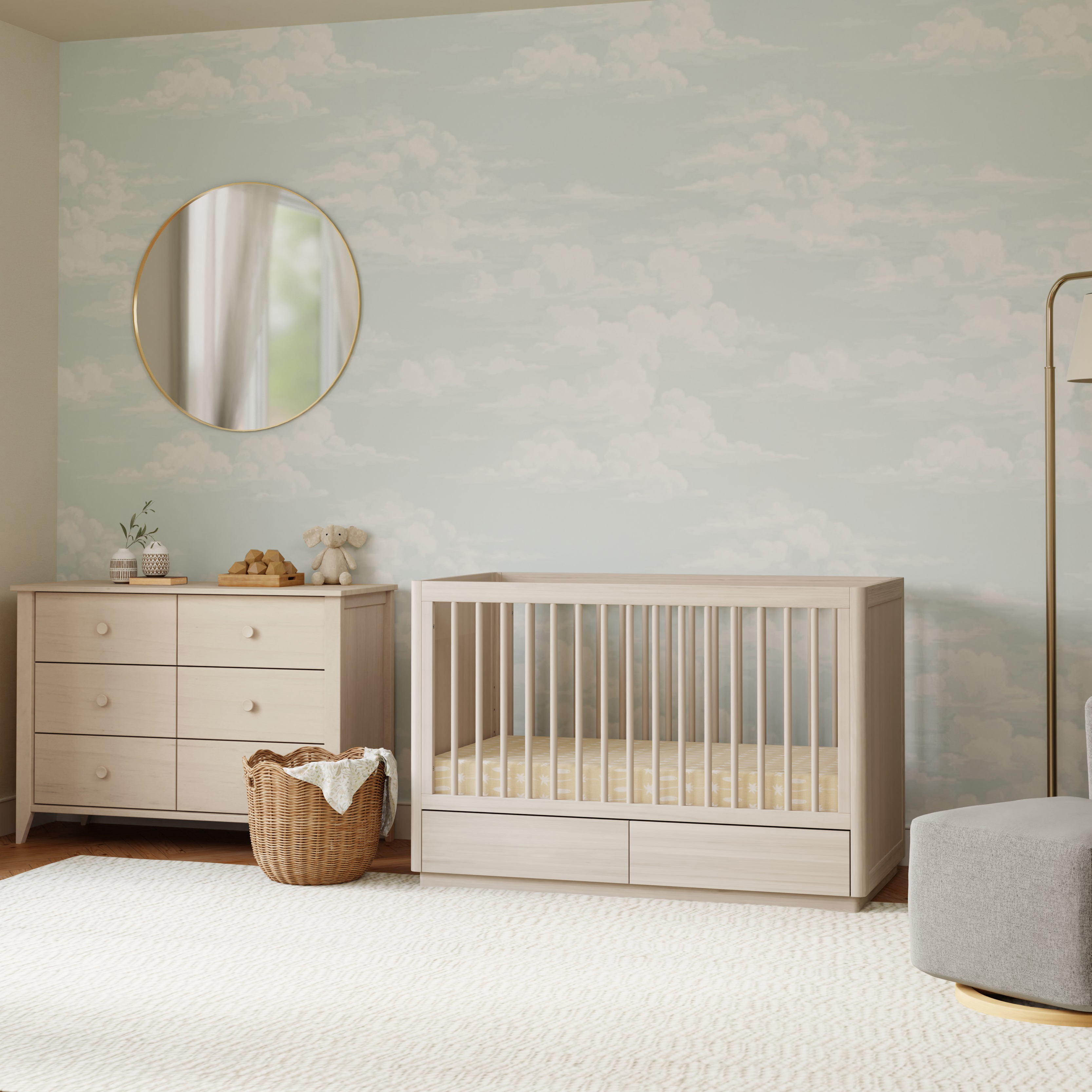 babyletto Bento 3-in-1 Storage Crib with Toddler Bed Conversion Kit - Washed Natural.