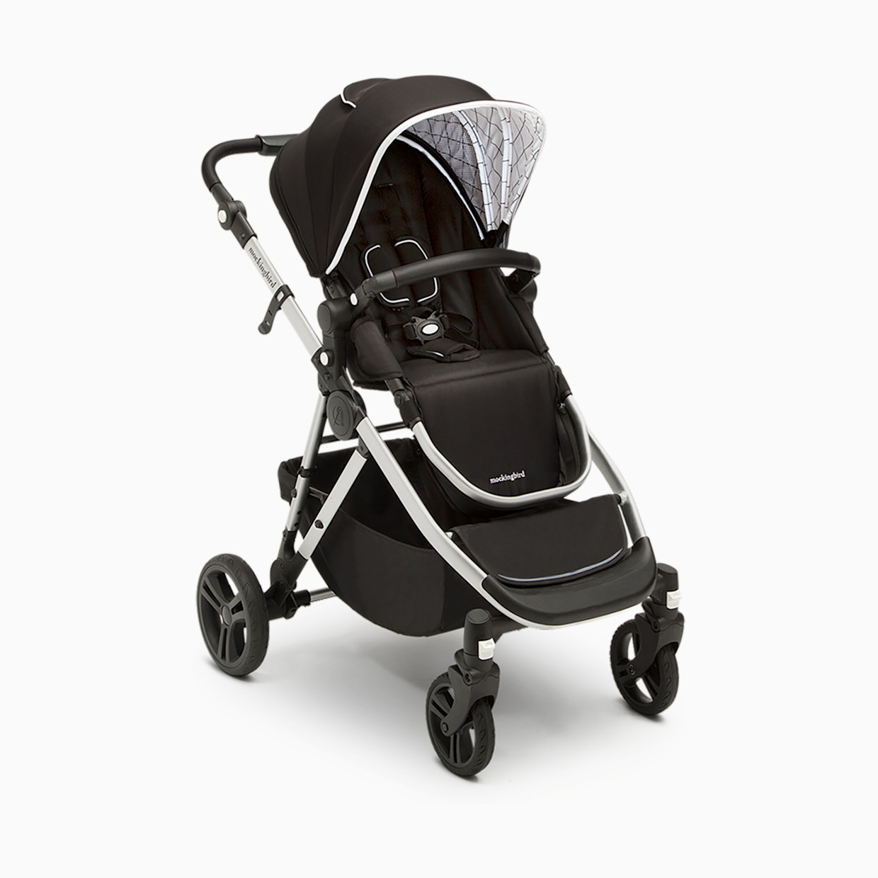 Mockingbird Single-to-Double Stroller 2.0 - Black/Windowpane Canopy With Black Leather (2020).