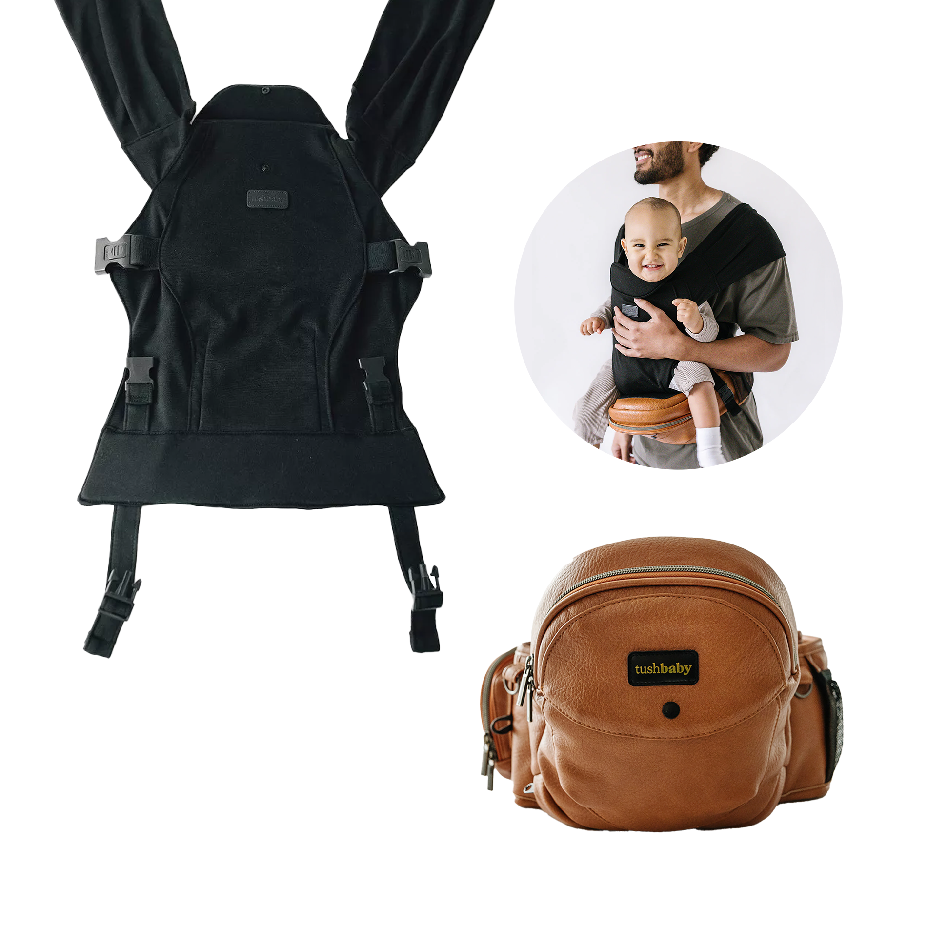 Tushbaby Hip Seat and Snug Carrier 2-in-1 Bundle - Cognac Vegan Leather, Black Snug Carrier.