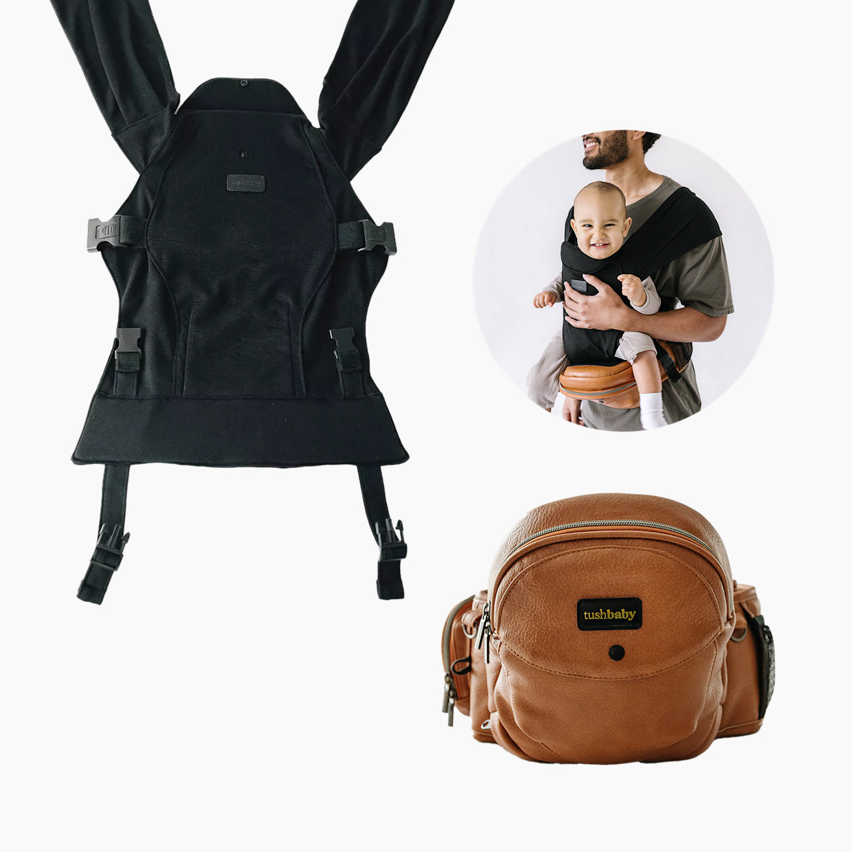 Tushbaby Hip Seat and Snug Carrier 2-in-1 Bundle - Cognac Vegan Leather, Black Snug Carrier.