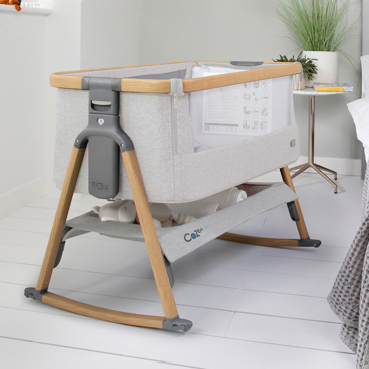 Tutti Bambini CoZee Air Bedside Crib - Oak/Sterling Silver.