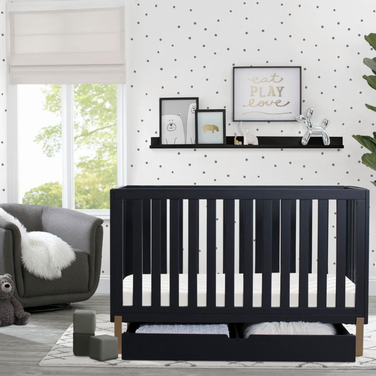 Delta Children Hendrix 4-in-1 Convertible Baby Crib - Midnight Grey With Metal Base.