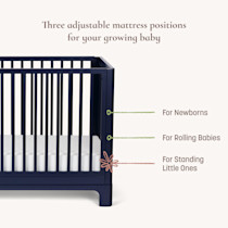 Illustration of three adjustable mattress positions for newborns, rolling babies, standing little ones