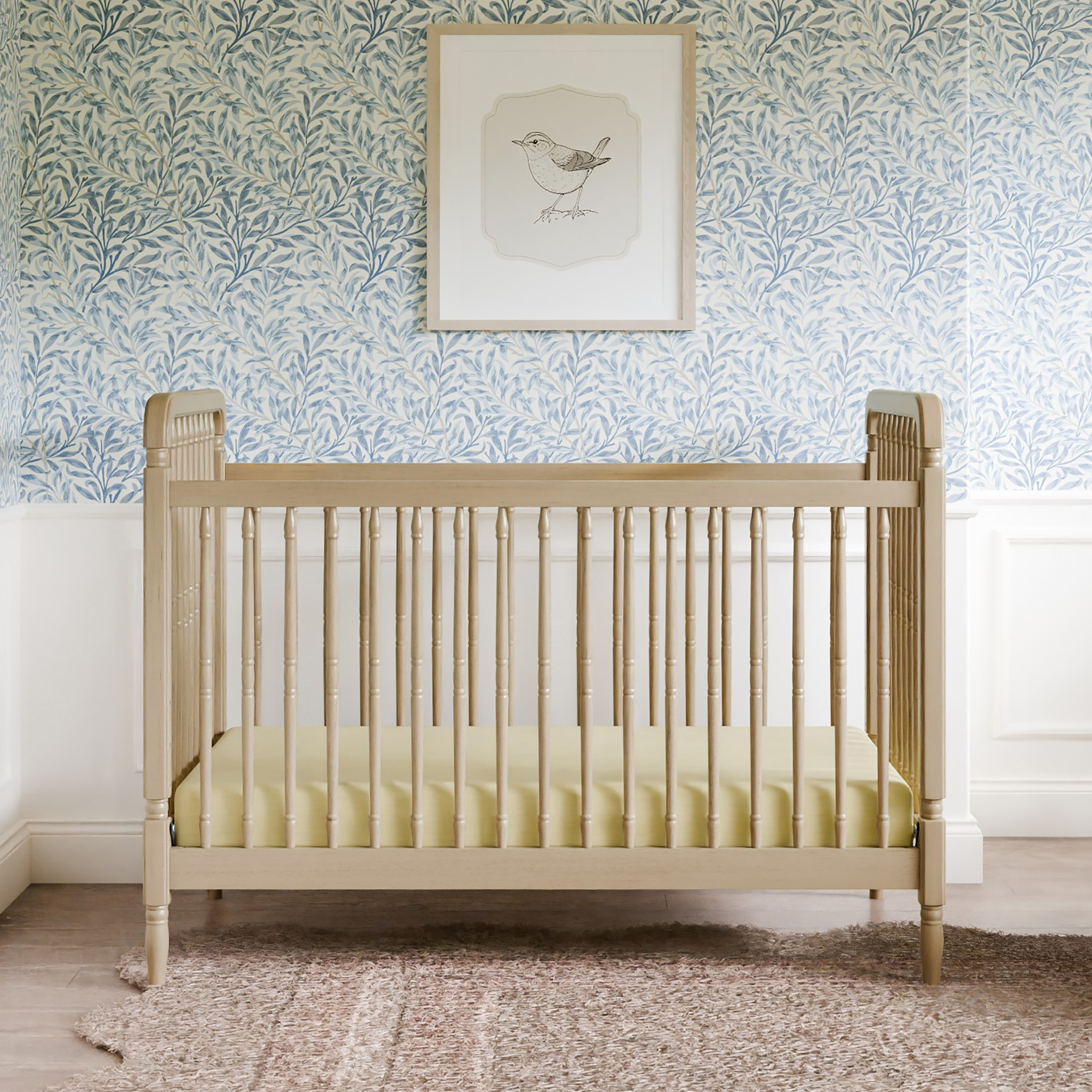 Namesake Liberty 3-in-1 Convertible Spindle Crib with Toddler Bed Conversion Kit - Washed Pine.