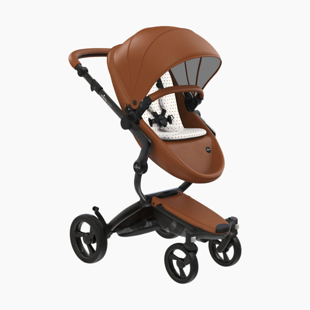 Mima Xari Black Chassis Stroller with Reversible Reclining Seat & Carrycot - Sandy Beige/ Camel Seat Box.