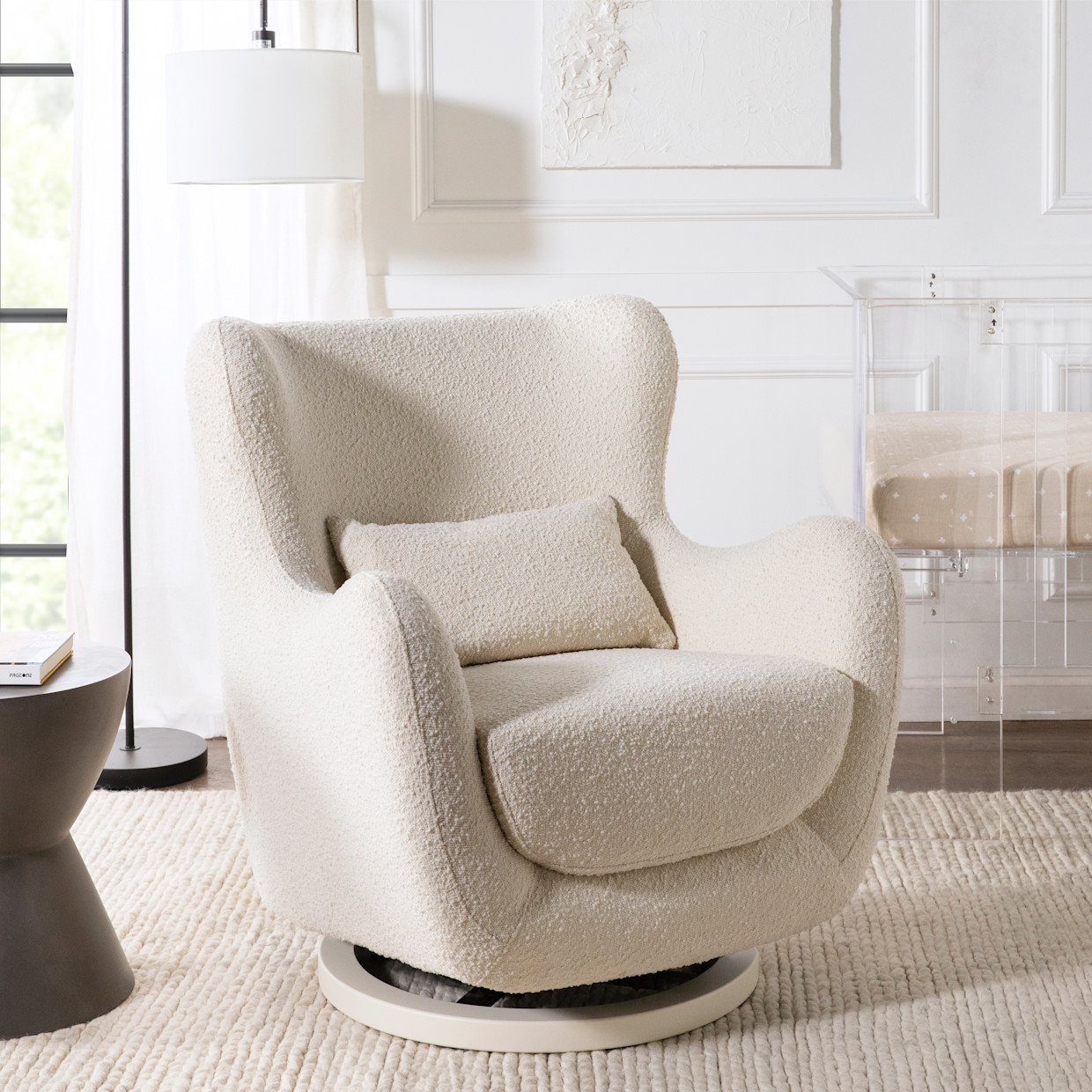 Nursery Works Solstice Swivel Glider - Ivory Boucle W/ Ivory Wood Base.