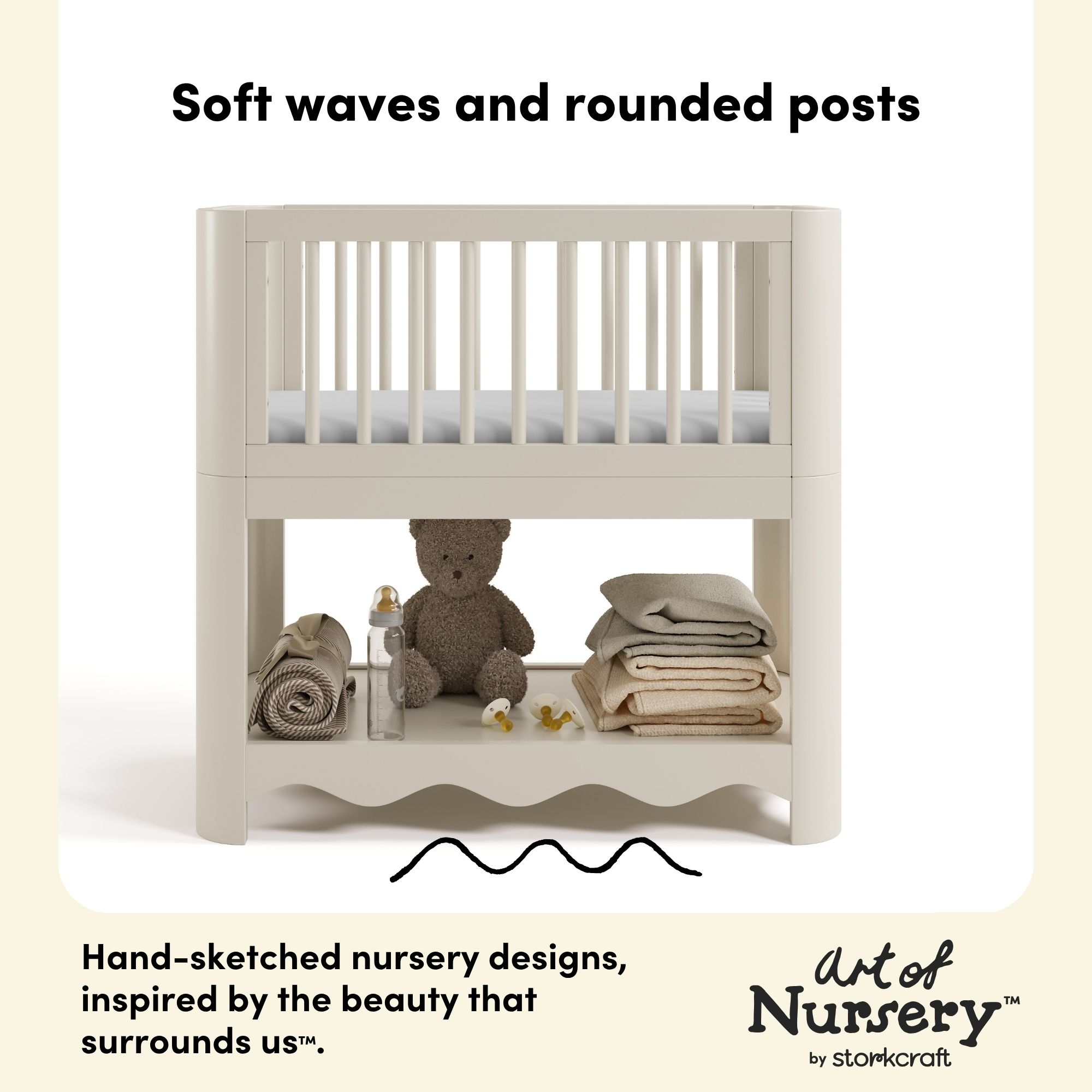 Bassinet with a teddy bear and folded blankets on the bottom shelf.