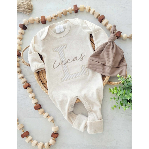 Personalized Baby Romper and Hat Set.