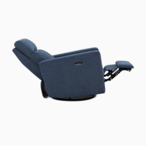 Blue glider chair with extended footrest seen from rear/side angle