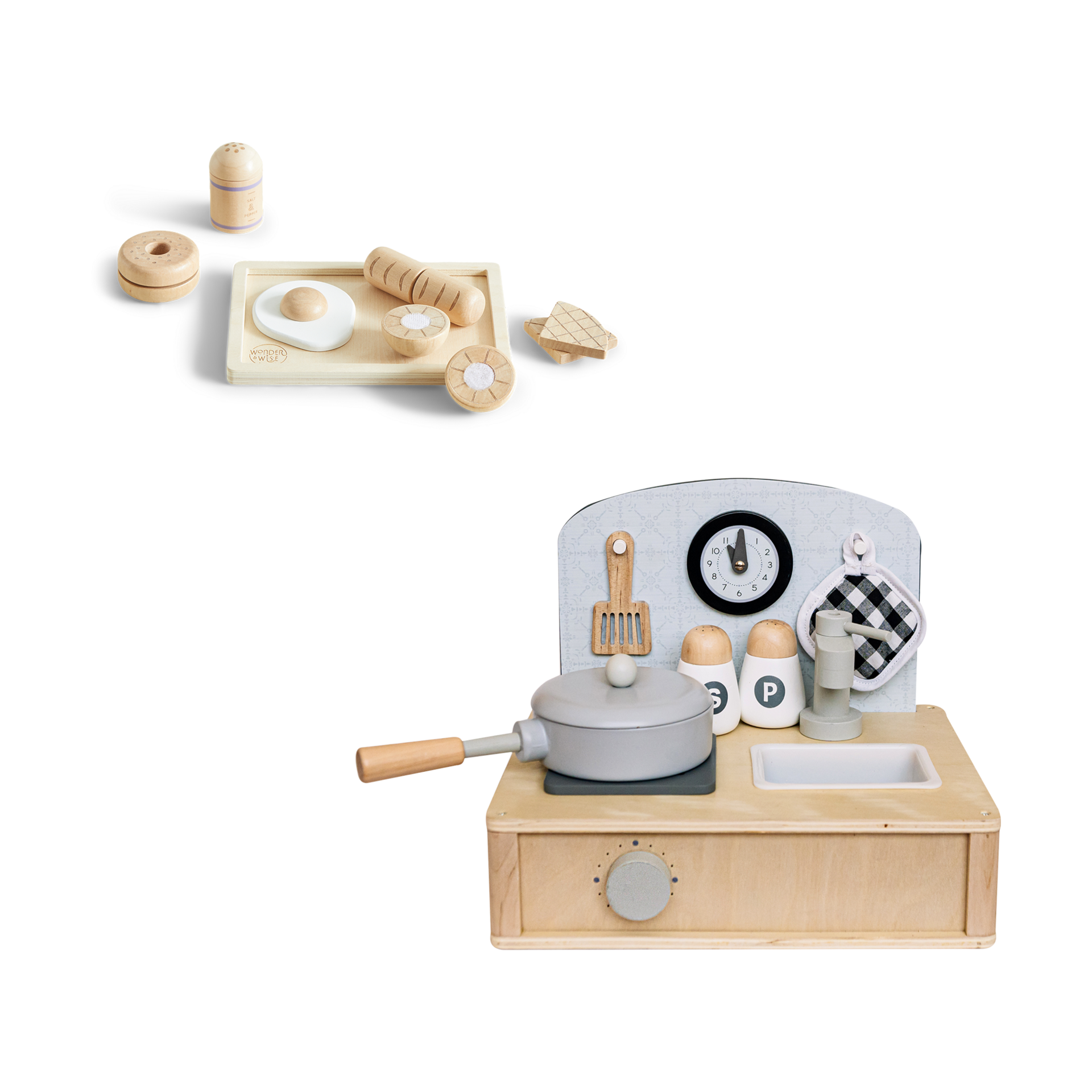 Wonder & Wise Table it Wooden Play Kitchen & Food Set Accessories Bundle - Breakfast Set.