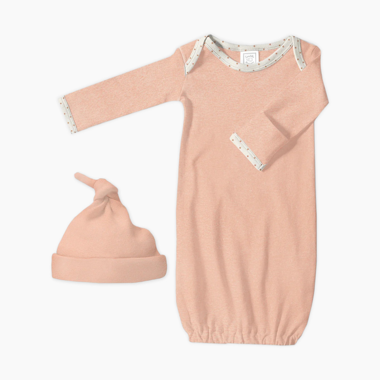 SwaddleDesigns Cotton Knit Long-sleeve Pajama Gown with Mitten Cuffs and Knotted Hat - Heathered Peach Blush, Newborn (0-3 Months).