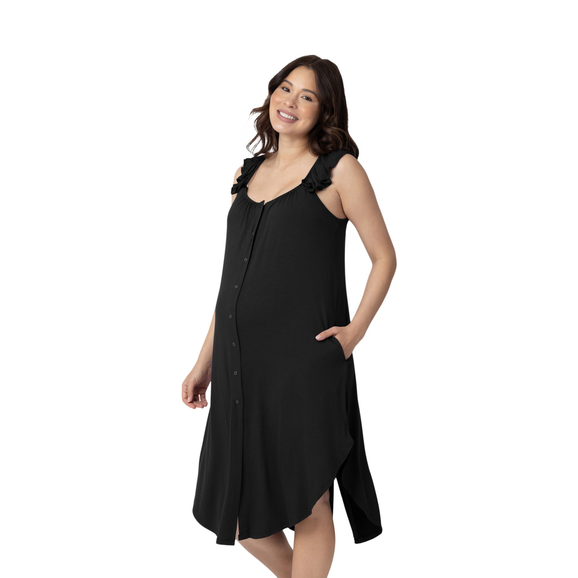 Kindred Bravely Ruffle Strap Labor & Delivery Gown - Black, Medium/Large.