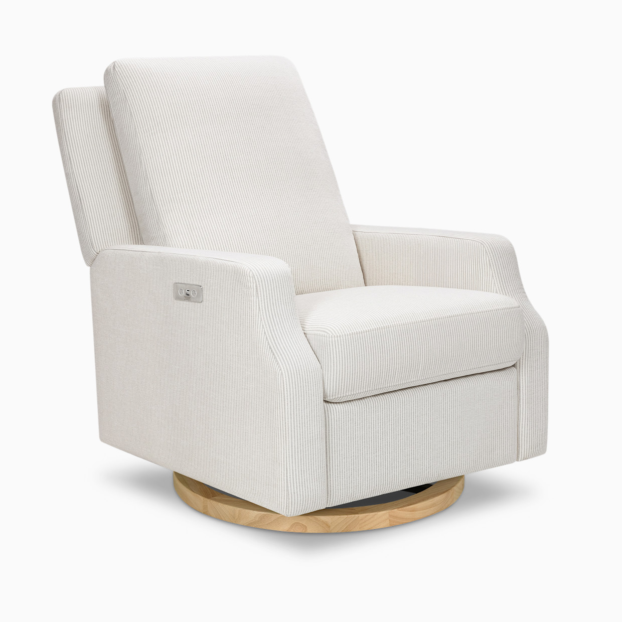 Namesake Crewe Electronic Recliner and Swivel Glider - Fog Chatham Stripe Performance Eco-Weave With Light Wood Base.