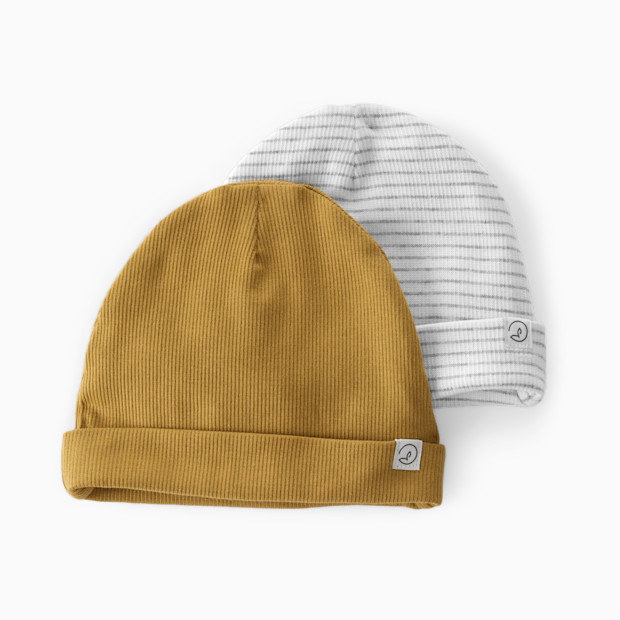 Carter's Little Planet 2-Pack Organic Cotton Rib Caps - Ochre, Heather Grey Stripe, 0-3 M.
