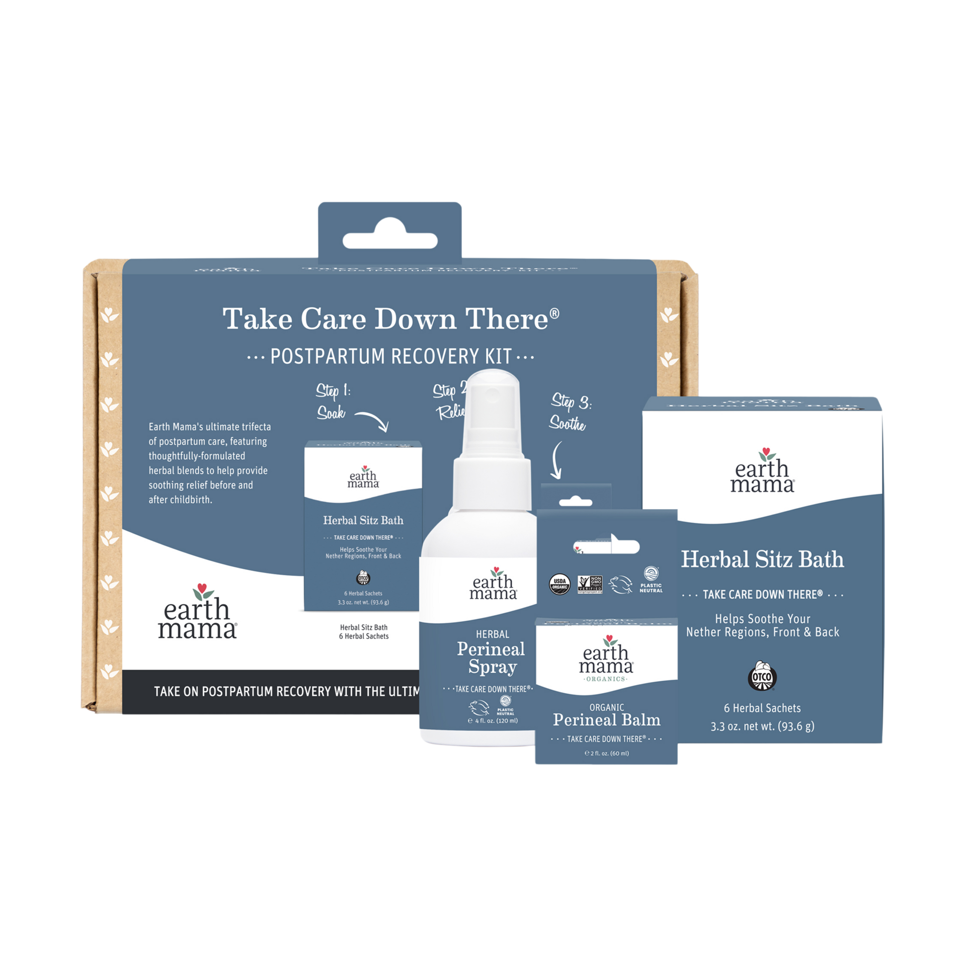 Earth Mama Postpartum Recovery Kit, Take Care Down There® Trifecta with Organic Perineal Balm, Sitz Bath & Herbal Peri Spray, 3-Piece Set
